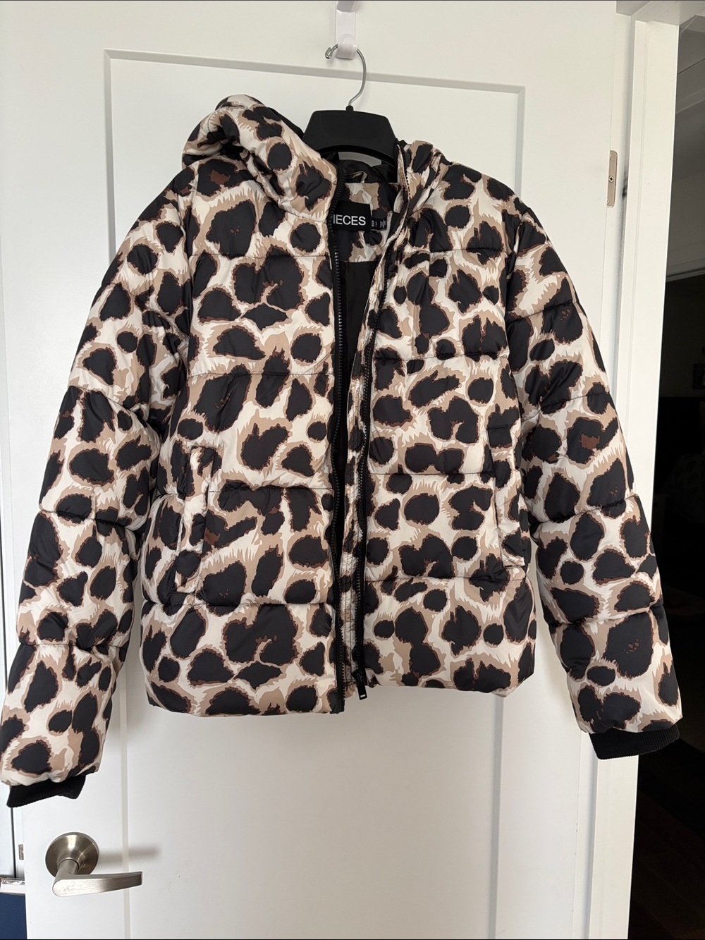 Leopard Print Puffer Jacket with Hood in Beige & Black